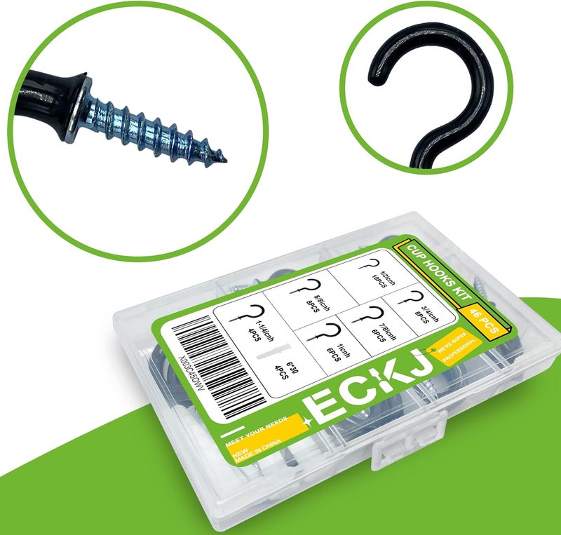 ECKJ Small Black Screw-in Hooks Assorted Kit with Plugs, 1/2", 5/8", 3/4", 7/8", 1", 1-1/4" Vinyl Coated Cup Hooks for Hanging Home Decorations, Christmas Lights, Wind Chimes, Crafts - 46 Pcs - Image 5